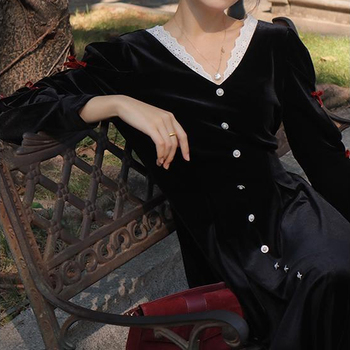 Elegancka długa francuska sukienka damska z aksamitnym, czarnym materiałem i gothicznym stylem, Y2K 2021, rękaw długi, zdobiona kokardą - jesienne nowości vintage