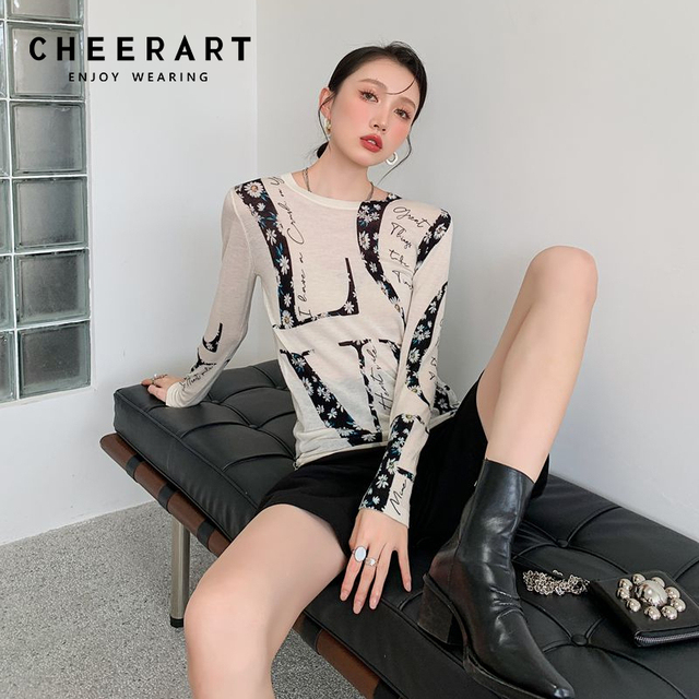 Koszulka damska CHEERART z długim rękawem, jesień 2021, drukowany wzór Daisy, beżowy, casual - tanie ubrania i akcesoria