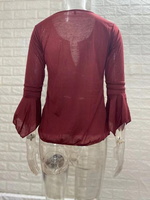 Dekolt dekoltu damski rękaw trąbkowy cienki sweter plisowana koszulka prosta koszula w rozmiarze plus moda Harajuku talia Pure Color - tanie ubrania i akcesoria