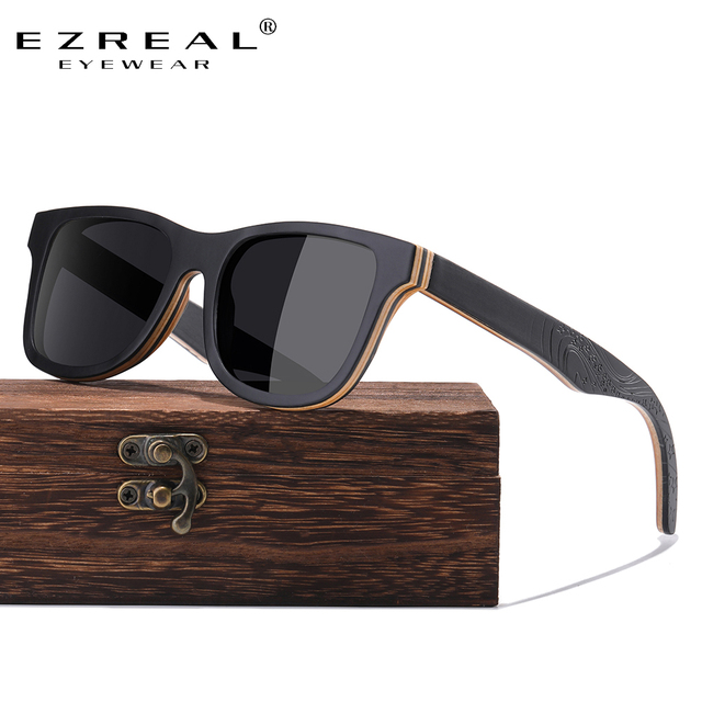 Czarne drewniane okulary przeciwsłoneczne EZREAL TOP dla mężczyzn i kobiet, ręcznie wykonane z naturalnej drewnianej deski, spolaryzowane - tanie ubrania i akcesoria