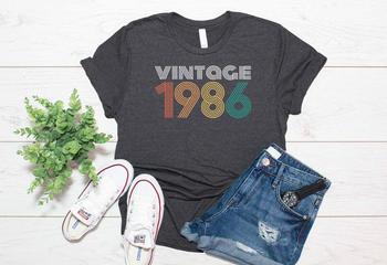 Koszulka z krótkim rękawem Vintage 1986 35. Urodziny - prezent na imprezę, zabawny napis, bawełna, rozmiar Plus, O Neck, unisex