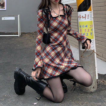Sukienka QWEEK Lolita Kawaii w kratę Harajuku - Jesień 2021, japoński styl słodkiej Gothic Goth Lolita mini na imprezę dla kobiet