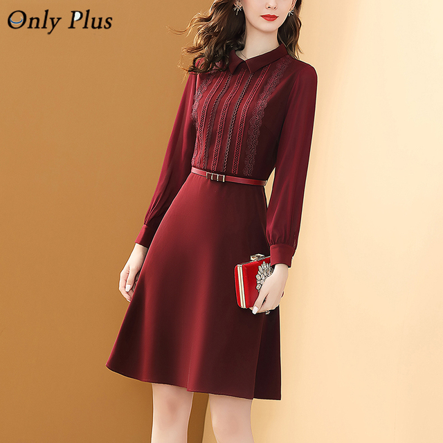 Czerwona sukienka A-line z paskiem i koronkowym kołnierzykiem, jesienno-zimowa, elegancka sukienka imprezowa dla kobiet - tanie ubrania i akcesoria