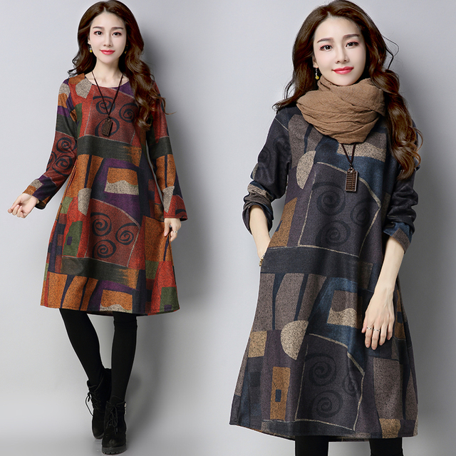 Etniczna wełniana sukienka Midi z długim rękawem dla kobiet na jesień i zimę - tanie ubrania i akcesoria