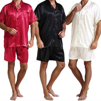 Męskie piżamy jedwabne 2 sztuki zestaw-garnitur letnie, krótkie rękawy, bielizna nocna Homewear