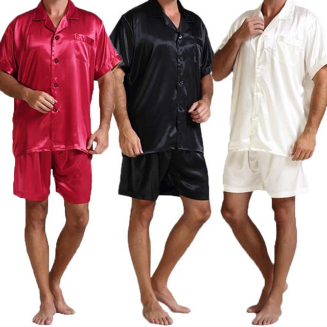 Męskie piżamy jedwabne 2 sztuki zestaw-garnitur letnie, krótkie rękawy, bielizna nocna Homewear - tanie ubrania i akcesoria