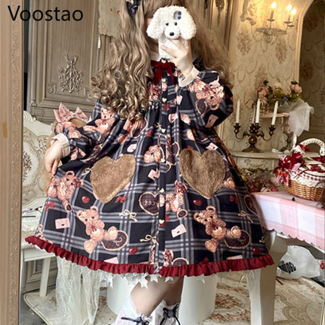 Sukienka gotycka Lolita OP jesienno-zimowa z motywem bożonarodzeniowym, ozdobiona kokardą - tanie ubrania i akcesoria