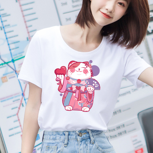 Koszula damska z grafiką kotka - japońska estetyka, letni styl 90s, kawaii, Harajuku, Feminina - tanie ubrania i akcesoria