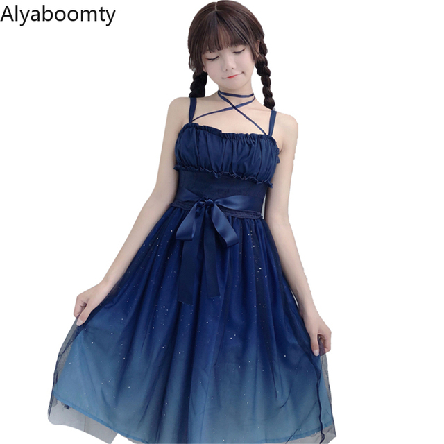 Japońska letnia sukienka dla kobiet - Lolita Style, niebieskie cekiny, bez rękawów, siateczka, tiul, kawaii i urocza - tanie ubrania i akcesoria