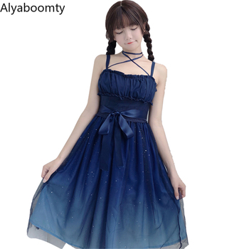 Japońska letnia sukienka dla kobiet - Lolita Style, niebieskie cekiny, bez rękawów, siateczka, tiul, kawaii i urocza
