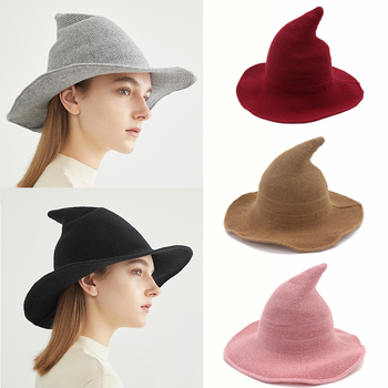 Nowy elegancki kapelusz wiedźmy Halloween dla mężczyzn i kobiet - jesienne składane wełniane czapki z dzianiny