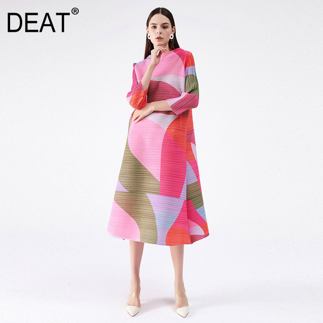 Sukienka plisowana DEAT 2021 dla kobiet w geometrycznym wzorze z pasem Sashes, długa, nowa jesienno-zimowa moda AM401 - tanie ubrania i akcesoria