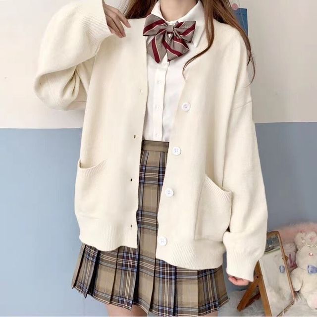 Japonka kawaii sweter rozpinany dekolt w serek bawełniany dzianinowy JK Style damska kurtka - tanie ubrania i akcesoria