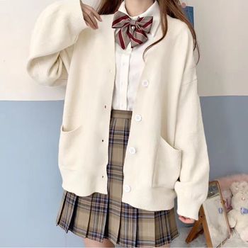 Japonka kawaii sweter rozpinany dekolt w serek bawełniany dzianinowy JK Style damska kurtka