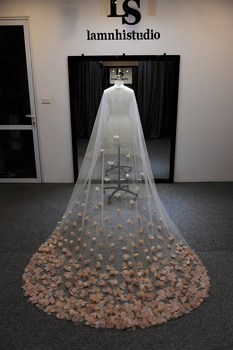Długi welon ślubny z różowymi kwiatami - 3M, luksusowy wrap, grzebień, Cathedral