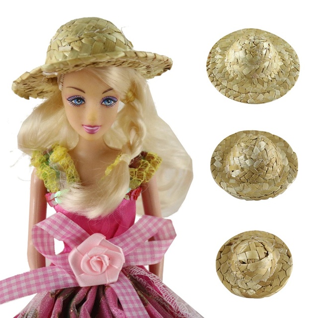 Zestaw 3 małych lalkek z ręcznie dzianym słomkowym kapeluszem - idealne prezent na letnią zabawę i plażowanie - tanie ubrania i akcesoria