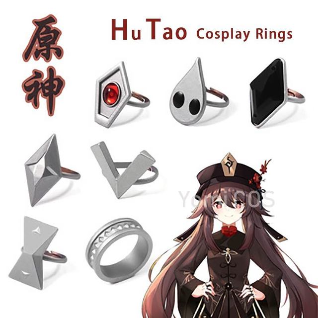 Kosz Sin wpływ Wzrostu Hutao Cosplay - 7 sztuk zestaw akcesoriów do gry, pierścienie i biżuteria z postacią Hutao - etapowe rekwizyty prezenty - tanie ubrania i akcesoria