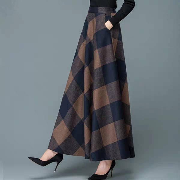 Długa spódnica w kratkę A-line o wysokiej tali na jesień i zimę dla kobiet - tanie ubrania i akcesoria