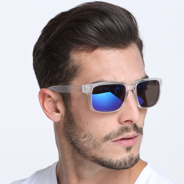 Okulary przeciwsłoneczne damskie - kwadratowa ramka przezroczysta z niebieską soczewką, marka projektantowa - tanie ubrania i akcesoria
