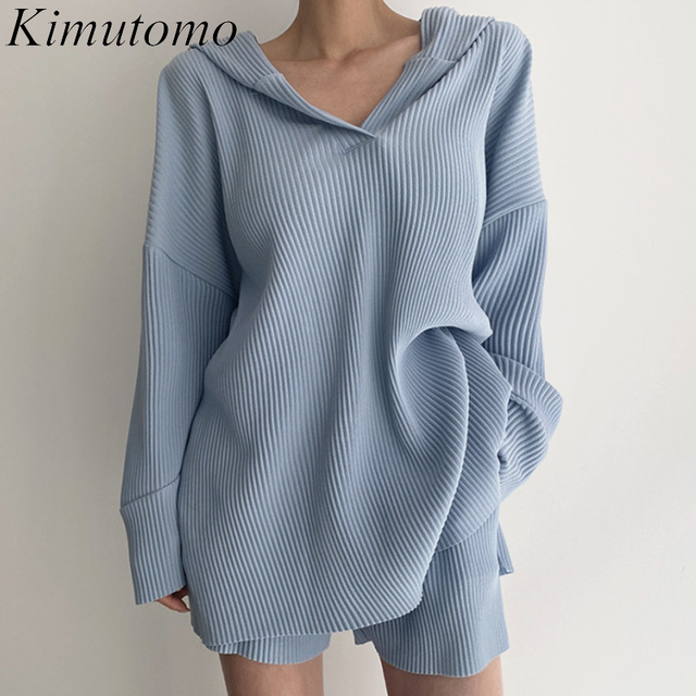Zestaw damski jesień 2021: Kimutomo bluza z kapturem i szorty w jednolitym kolorze, luźny fason - tanie ubrania i akcesoria