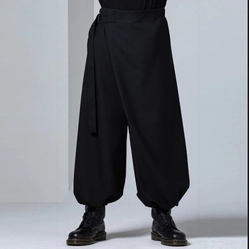 Czarne męskie spodnie Yamamoto - szerokie nogawki, culottes, obcisłe haremki