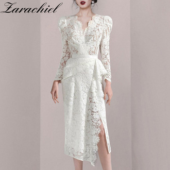 Biała elegancka sukienka MIDI z długim rękawem i koronkowym wzorem, idealna na lato