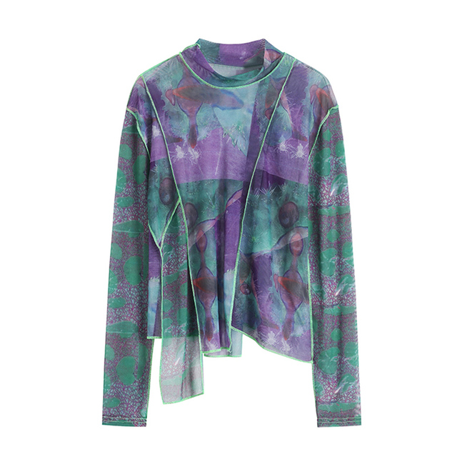 Nowość 2021! Damska koszulka z długim rękawem w jesiennym stylu, w kontrastowym kolorze i z nieregularnym wzorem, wykonana z elastycznej i oddychającej gazy Mesh. Szczupła i modna! - tanie ubrania i akcesoria