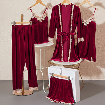 Kobiety bordowy zestaw piżam: Sexy koronkowa bielizna nocna, 5 sztuk koronkowych Pijamas, szata garnitur aksamitna