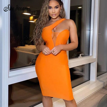 Sukienka damskiego siatkowego Patchwork z 2020 roku w kolorze pomarańczowym - długość do kolana, jednoczęściowa, dopasowana do ciała, na ramię - idealna na wieczór w klubie