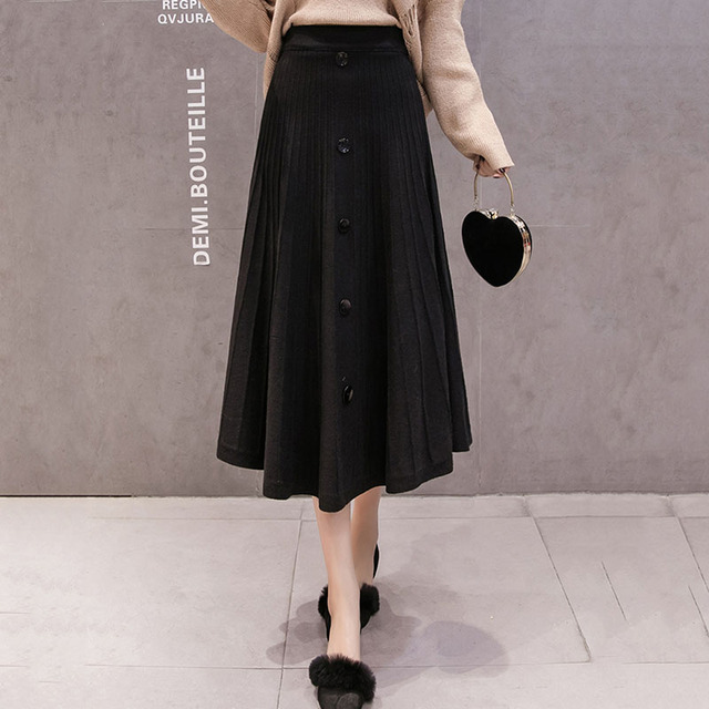 Elegancka spódnica Midi zimowa z wysokiej jakości dzianiny, jednostronne panele, ciepła, elastyczna talia - czarny/szary - tanie ubrania i akcesoria