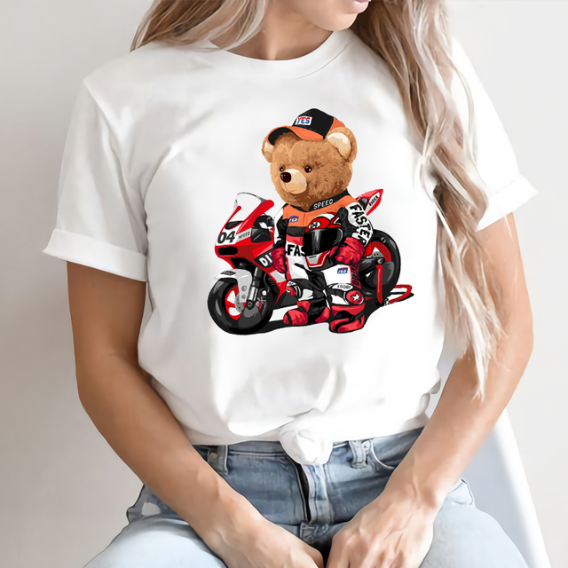 Minimalistyczna koszulka damska hip-hop z grafiką motocykla i misiem, z krótkim rękawem, wykonana z 100% bawełny - tanie ubrania i akcesoria