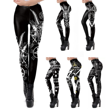 Legginsy, print Baphomet, styl gotycki, wzór diabeł, slim, połowa talii, dla kobiet Plus Size, na festiwale fashion, prezent