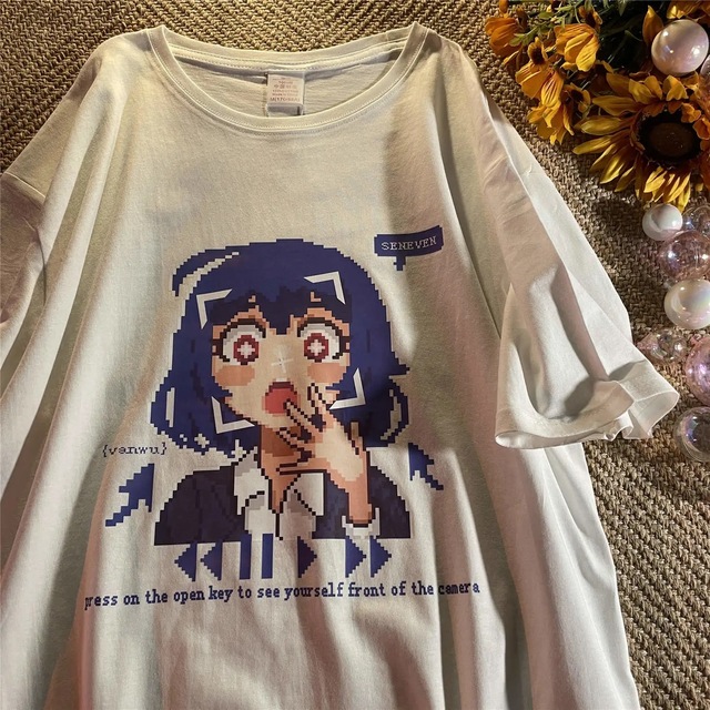 Koszulka damska Anime Mozaika z krótkim rękawem Casual Harajuku Tshirt - tanie ubrania i akcesoria