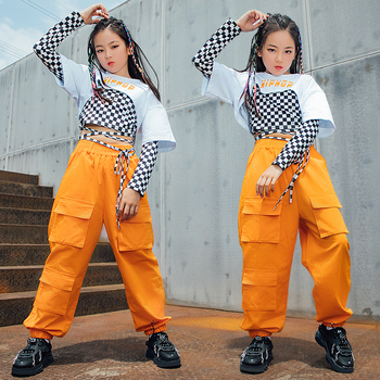 Kostium Hip Hop dla dziewczynek - długie rękawy, kratka, luźne pomarańczowe spodnie Cargo - odzież Hip Hopowa