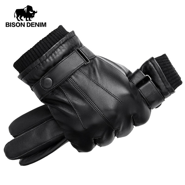 Rękawiczki męskie z owczej skóry Bison Denim - ciepłe, ekran dotykowy, czarne, wysokiej jakości - tanie ubrania i akcesoria