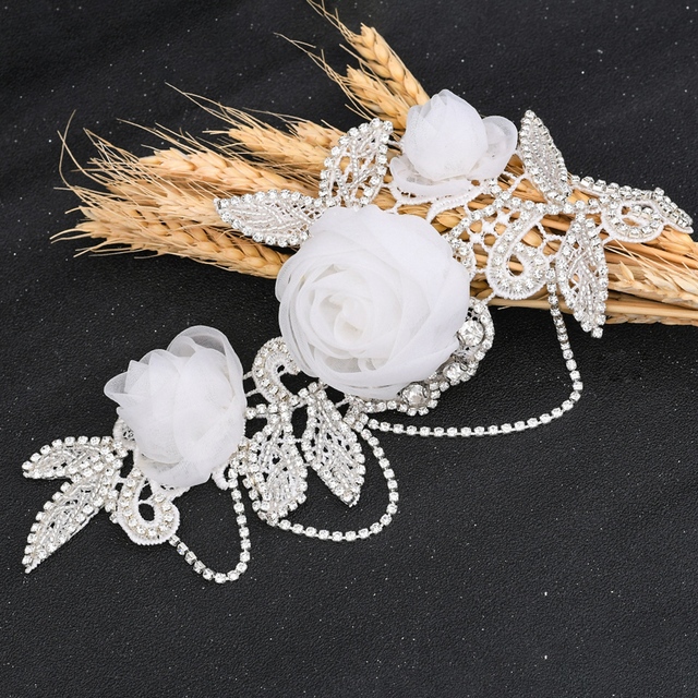 Pasy ślubne z kryształami i ręcznie robionymi ozdobami kwiatowymi dla kobiet - tanie ubrania i akcesoria