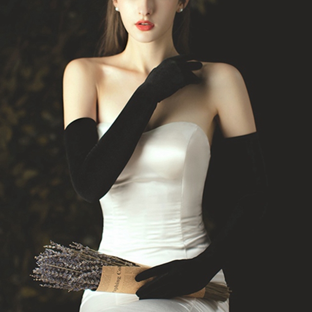 Czarne długie rękawiczki damske z aksamitu i satyny, 58 cm - tanie ubrania i akcesoria