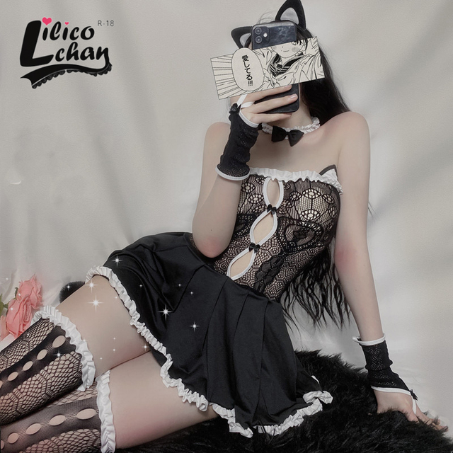 Seksowny kostium Catwomen Lolita z odkrytymi plecami, koronkowy, na ramię, anime, demoniczny kostium pokojówki, bielizna Tempatation - tanie ubrania i akcesoria