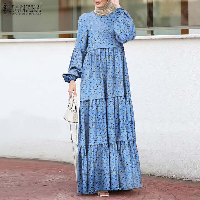 Muzułmańska sukienka z lamówką w eleganckim stylu, kobiecy nadruk, warstwowa, casual z bufiastymi rękawami - ZANZEA Maxi Vestidos - tanie ubrania i akcesoria