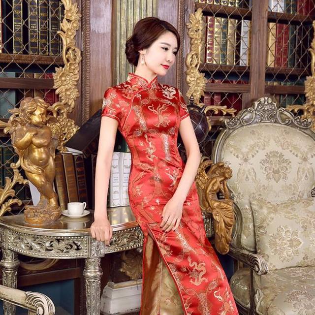 Damska satynowa sukienka chińska cheongsam tradycyjna orientalna odzież retro - nowa kolekcja 2020 - tanie ubrania i akcesoria