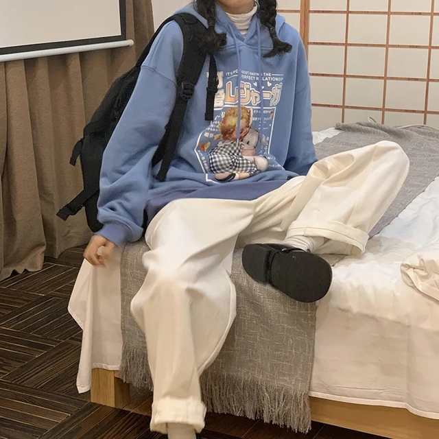 Koreański sweter zimowy w ulicznym stylu, śliczny wzór Harajuku, żeński, kawaii, sportowy, plus aksamitna bluza luźna z nadrukiem anioła - tanie ubrania i akcesoria