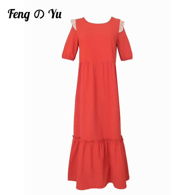Letnia sukienka damska z latarnią koronką, długie rękawy, jednolity kolor - czerwona - tanie ubrania i akcesoria