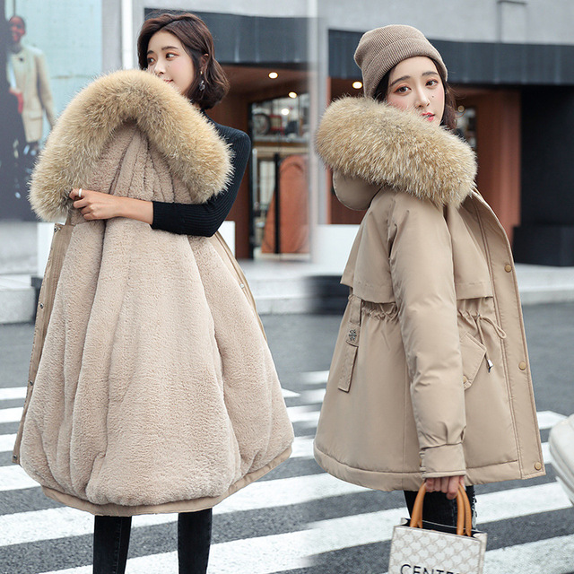 Nowy płaszcz damski z kapturem - Zima 2021, średniej długości, koreańska wersja, gruby, luźny, ciepły, bawełniany, Plus rozmiar - tanie ubrania i akcesoria