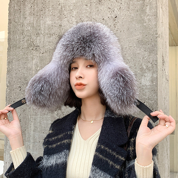 Czapka zimowa z prawdziwego srebrnego futra lisa rosyjskiej uszanka FXFURS - gruba, ciepła i modna, kapelusz 2021 dla kobiet