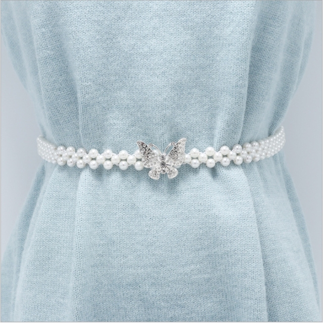 Elastyczny pas biodrowy damski z perłową klamrą - stylowy pasek do spodni z perłowym łańcuszkiem i kryształowym zdobieniem - tanie ubrania i akcesoria