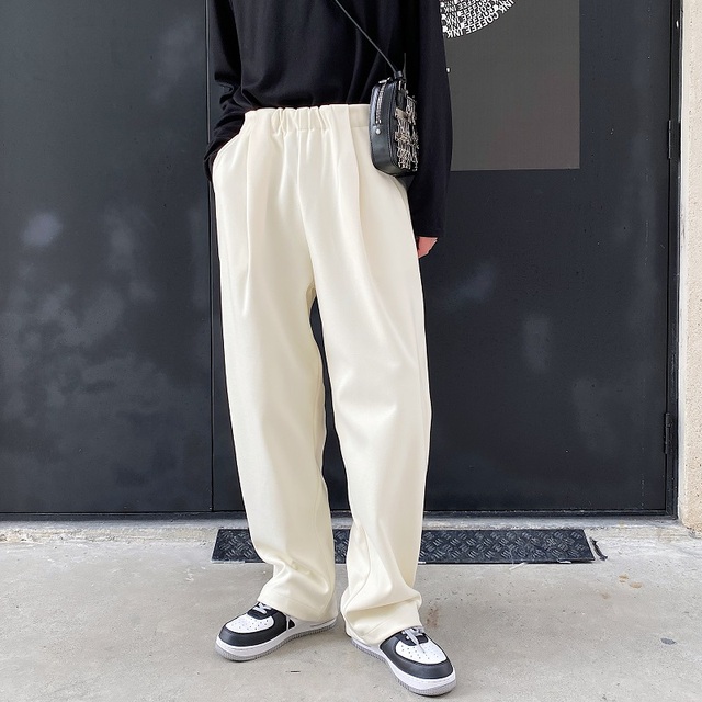 Męskie wełniane spodnie w koreańskim stylu na jesień 2021 - luźne, ciepłe, szerokie nogawki (rozmiar M-XL) - tanie ubrania i akcesoria