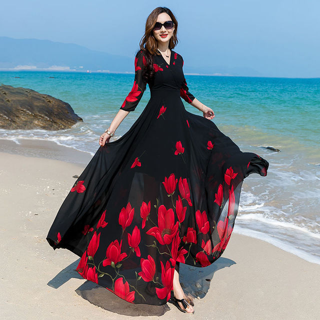 Kwiatowy długi černý kožený šifónový kostým na léto 2021 se sexappealem pro štíhlé postavy a plážové stylu Boho - Vestitos RH102 - tanie ubrania i akcesoria