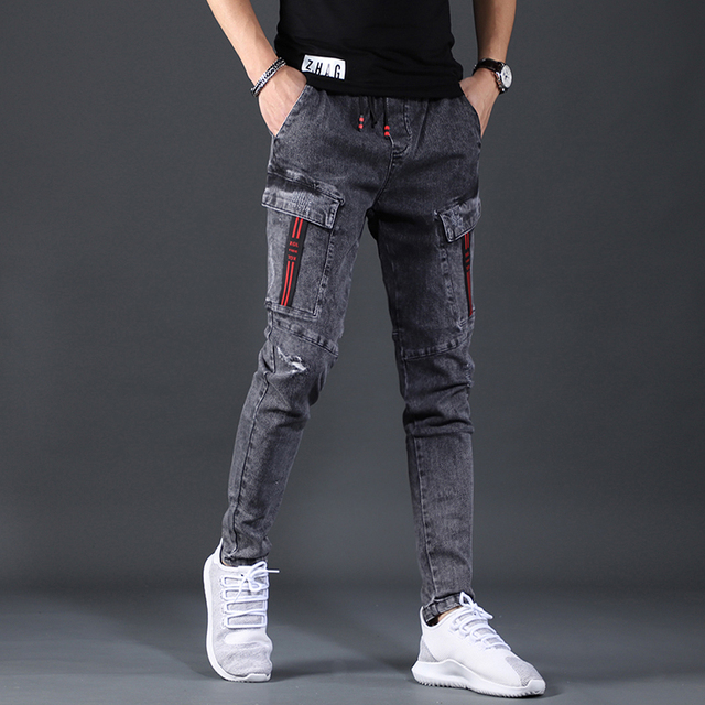 Letnie jeansy Cargo Slim Fit w stylu koreańskim dla mężczyzn – ciemnoszare - tanie ubrania i akcesoria