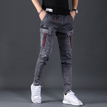 Letnie jeansy Cargo Slim Fit w stylu koreańskim dla mężczyzn – ciemnoszare