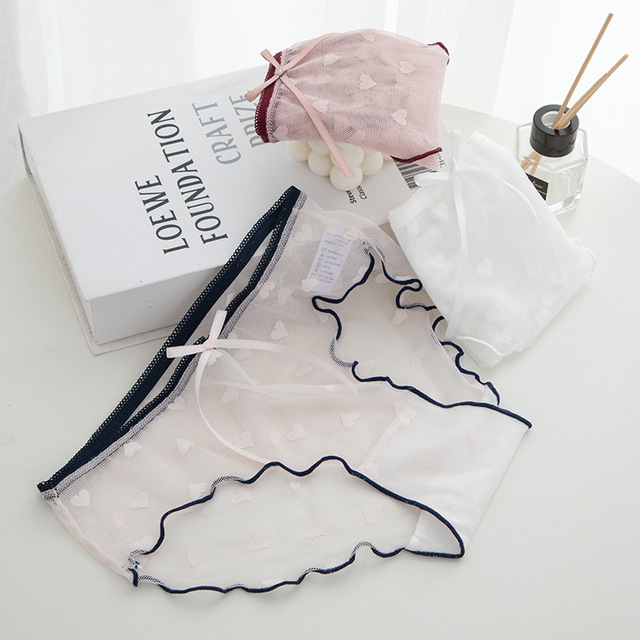 Koronkowe bezszwowe majtki damskie - przeźroczyste, siatkowe, japońskiego stylu, vintage z łukiem - bawełniane struny - tanie ubrania i akcesoria